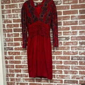 Ronnie Heller MJ Vintage Womens Red Paisley Dotted Silk Midi Dress Size 8